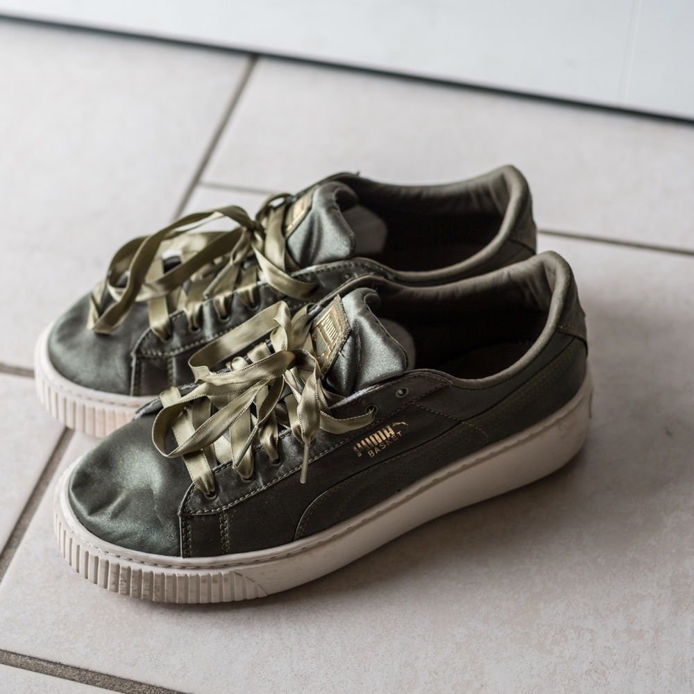 Olive Green Satin Puma, Size 8
